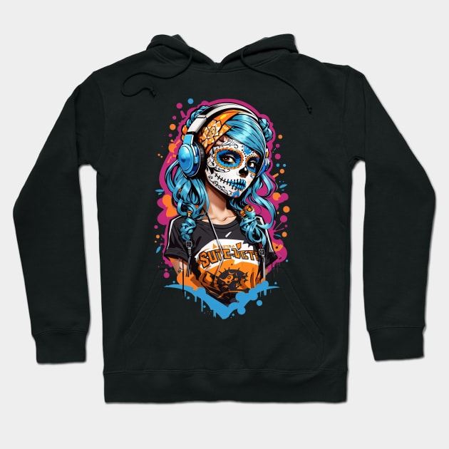 Dia de los Muertos Sugar Skull DJ Girl Hoodie by SocietyTwentyThree